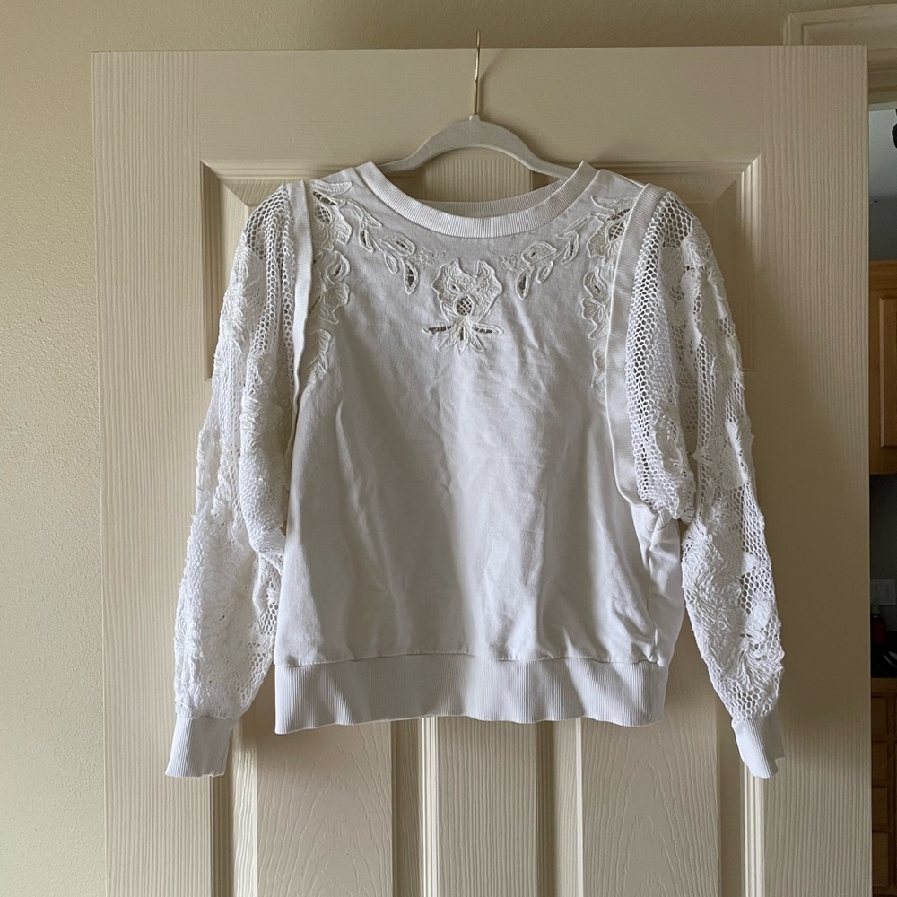 Anthropolgie Embroidered Cutwork Sweatshirt White Crewneck Mesh Long Sleeve